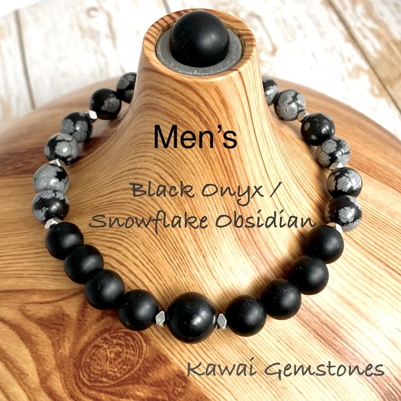 Men's Black Onyx and Snowflake Obsidian Bracelet